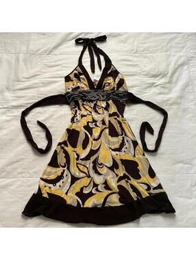 Deadstock Y2K Yellow & brown swirl halter neck dress with tie detail Size Small